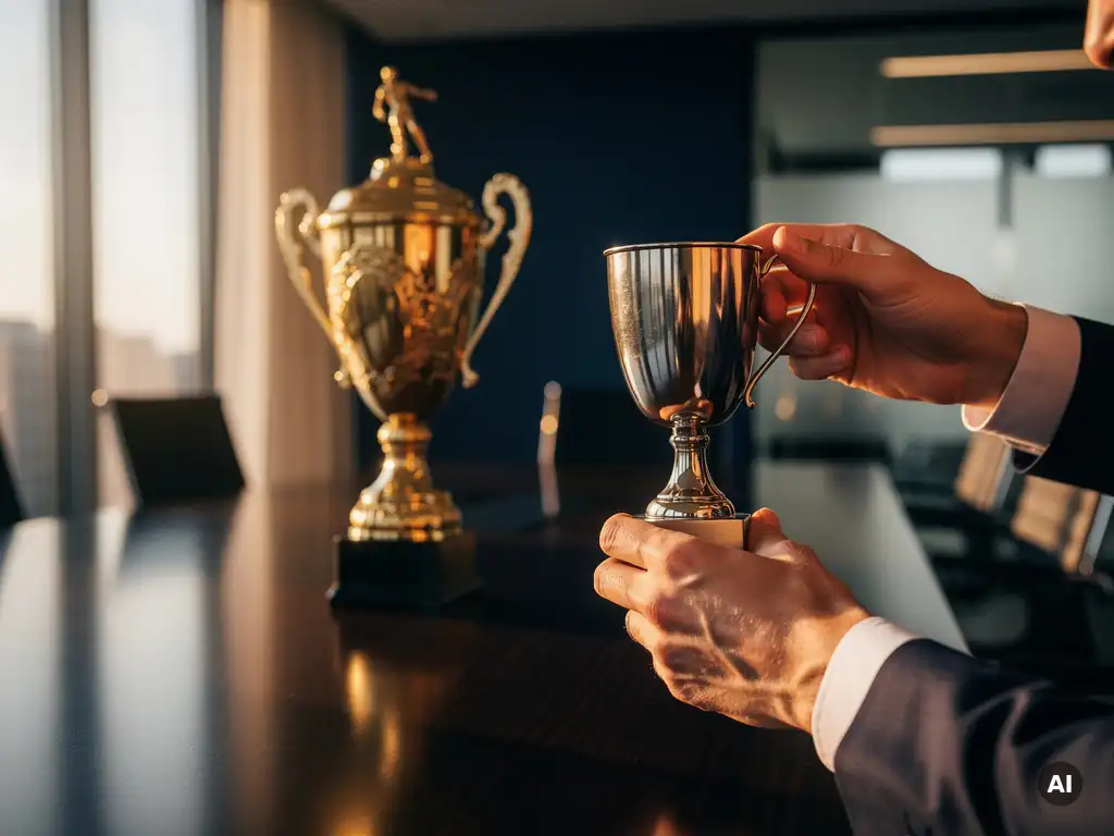 Zelfverzekerde handen heffen een bescheiden beker op terwijl een glanzende trofee onberoerd op een vergadertafel staat, warm middaglicht door kantoorvenstres.