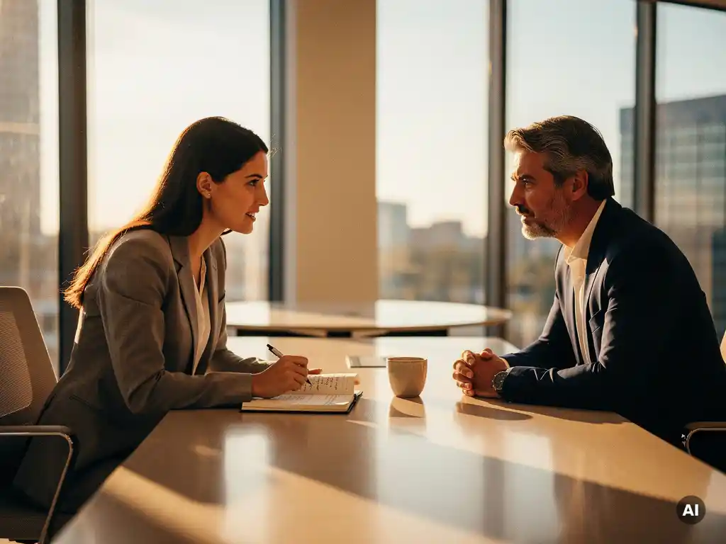 Jonge salesmedewerker in blazer luistert aandachtig naar senior mentor aan bureau met notitieboek en koffie, warm kantoorlicht.