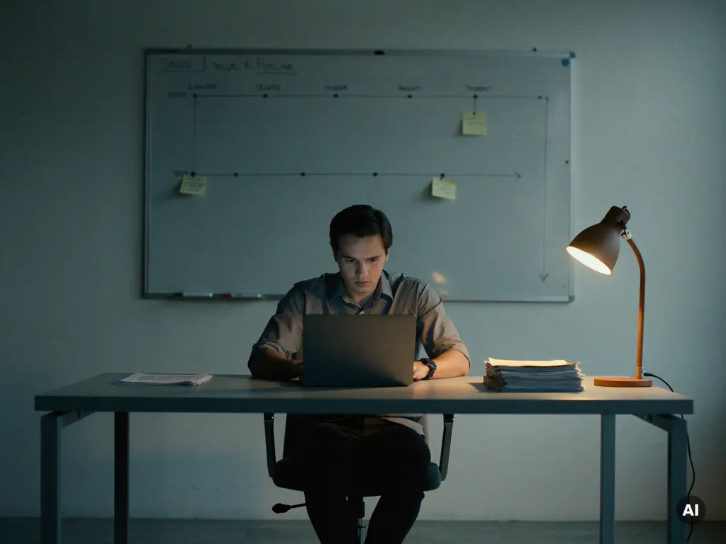 Salesperson aan modern bureau met bijna leeg sales pipeline-bord op de achtergrond, slechts één sticky note, gedimde kantooromgeving.
