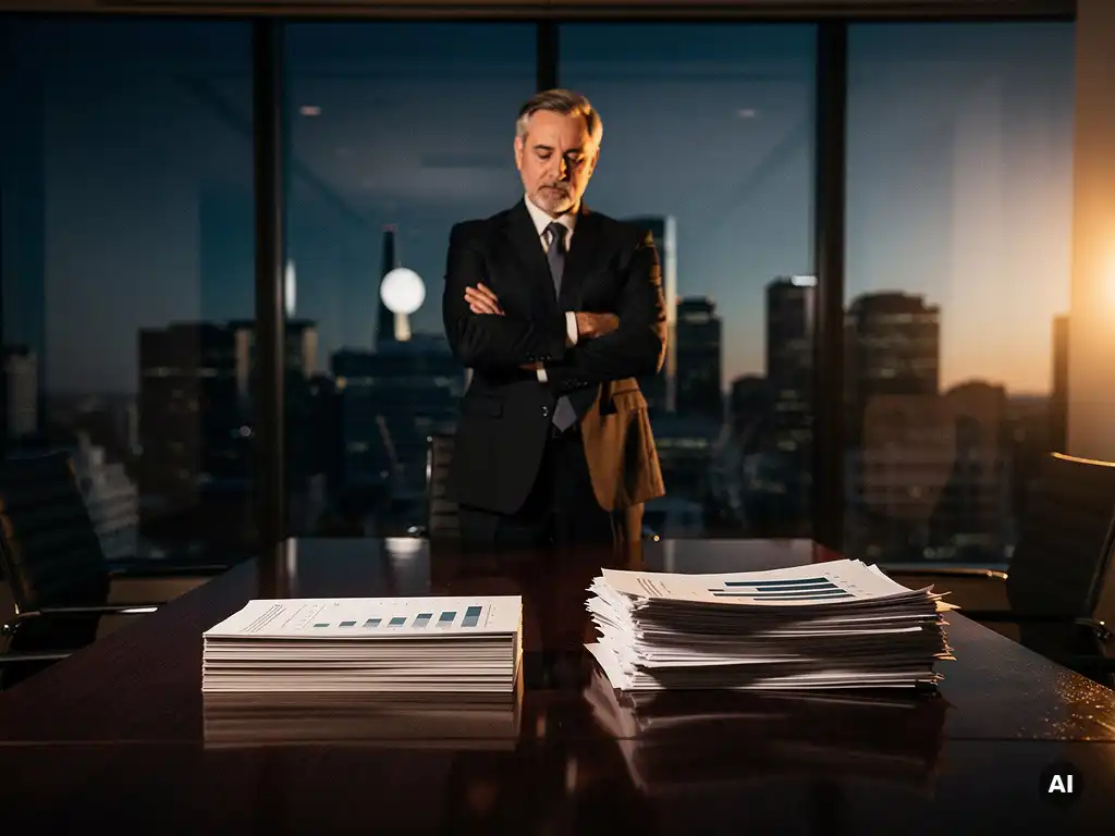 Salesmanager in glazen vergaderzaal bestudeert twee stapels prestatierapporten op tafel, met stadsgezicht op de achtergrond.