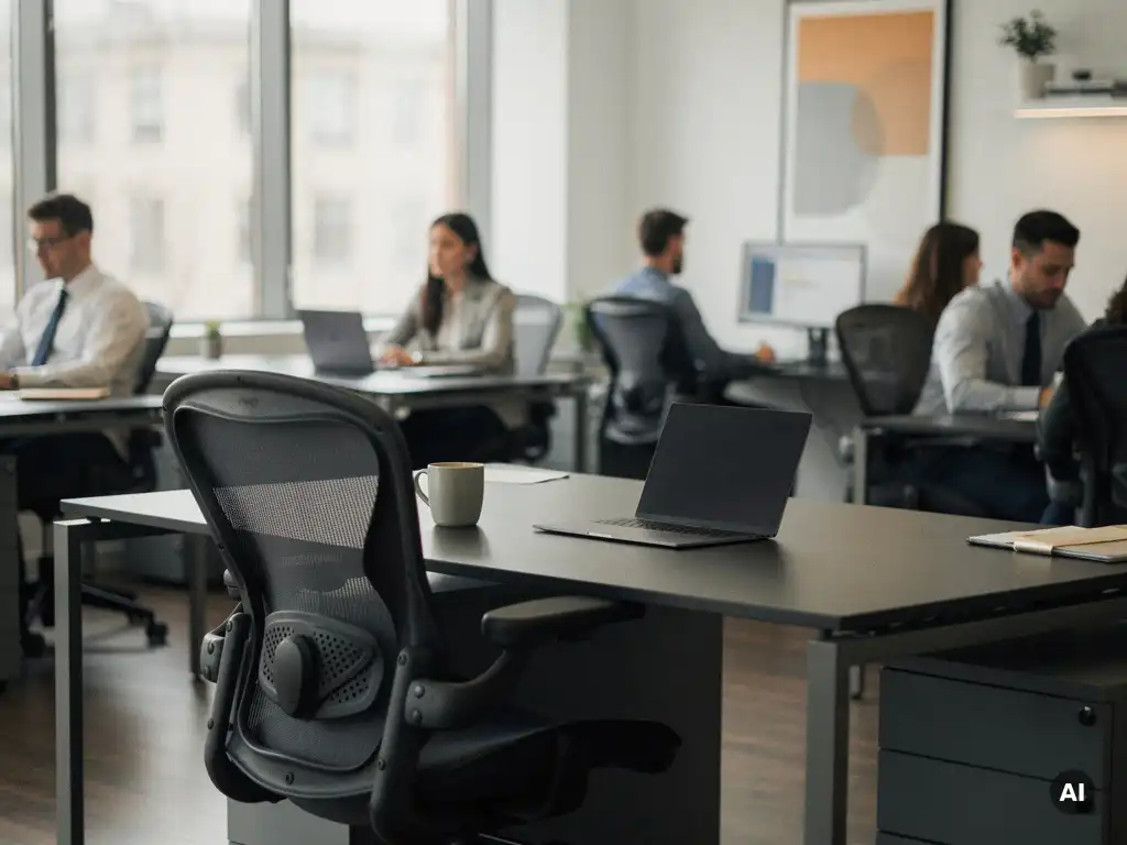 Leeg bureaustoel aan modern sales bureau met verlaten koffiemok en gesloten laptop, collega's werken op de achtergrond in open kantoor.