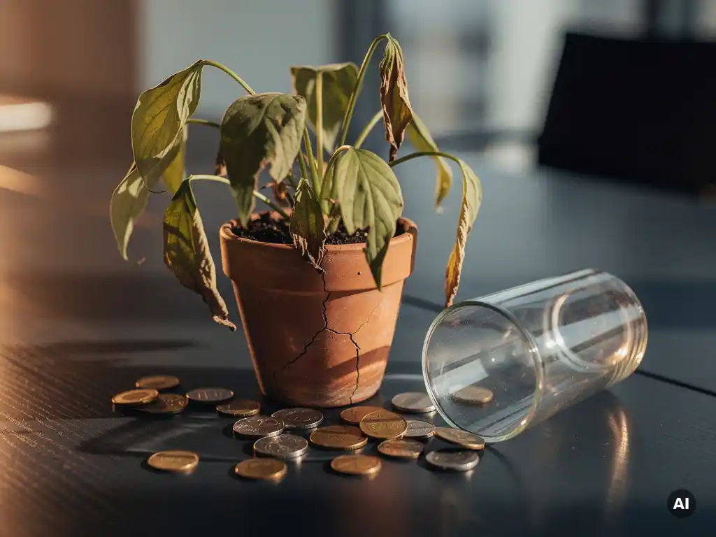 Verwelkte plant in gebarsten terracottapot op zakelijk bureau, met verspreide munten en omgevallen leeg glas.